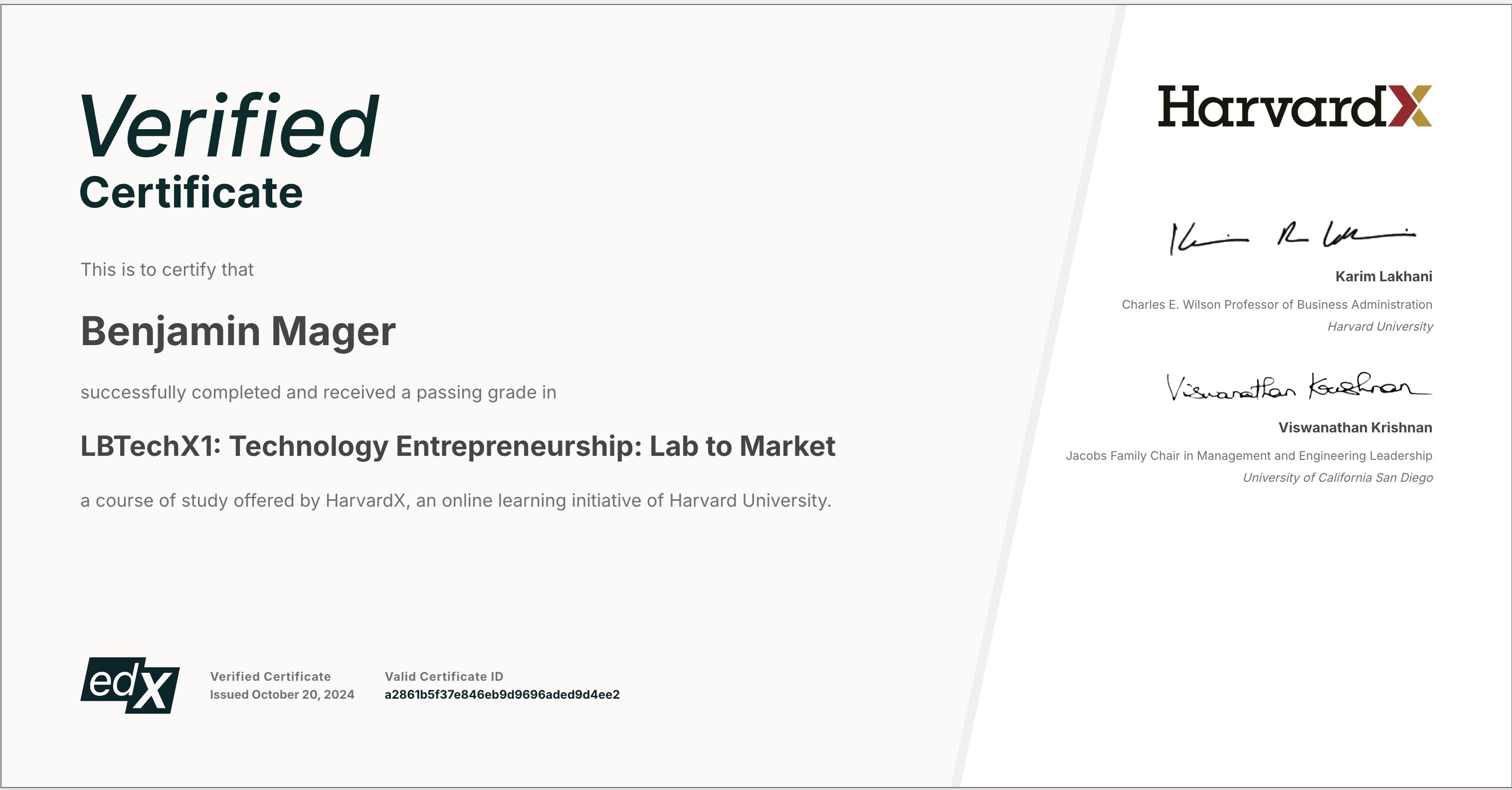 Harvard Tech Entrepreneurship Certificate